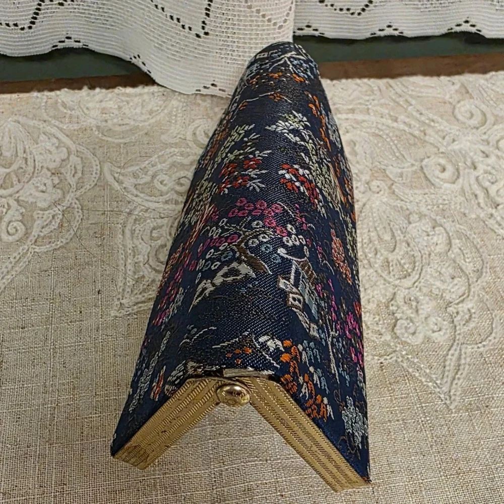Vintage Slim Reading Eyeglasses Case, Navy Blue Floral Brocade Gold Frame
